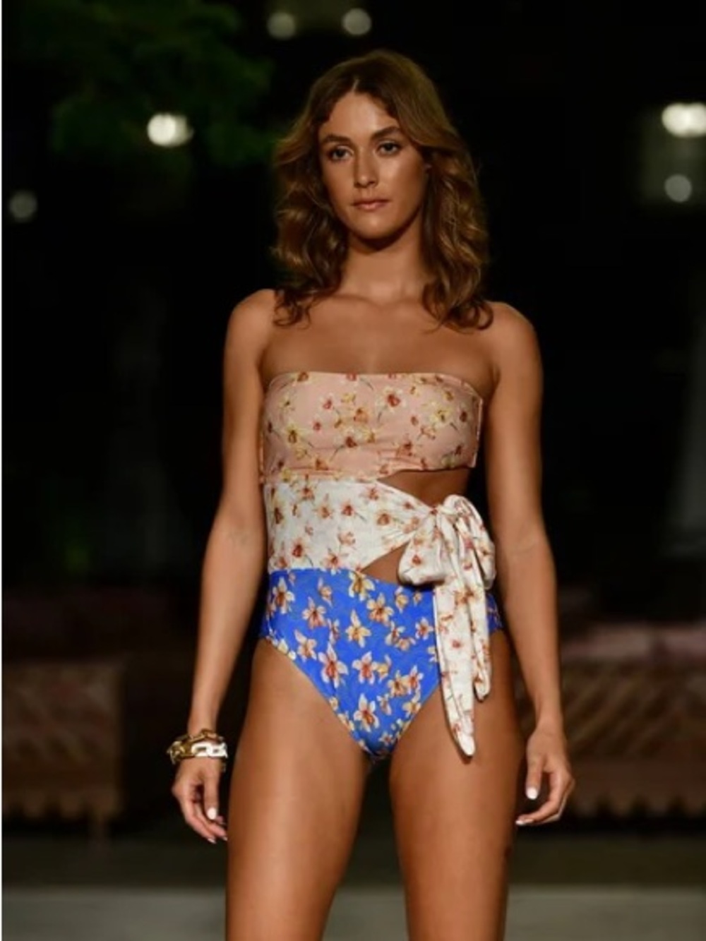 Strapless Floral One-Piece Swimsuit in Pink & Blue with Side Tie XL